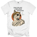 White t-shirt with illustration of cat wearing laurel wreath, sunglasses, and toga, with text.