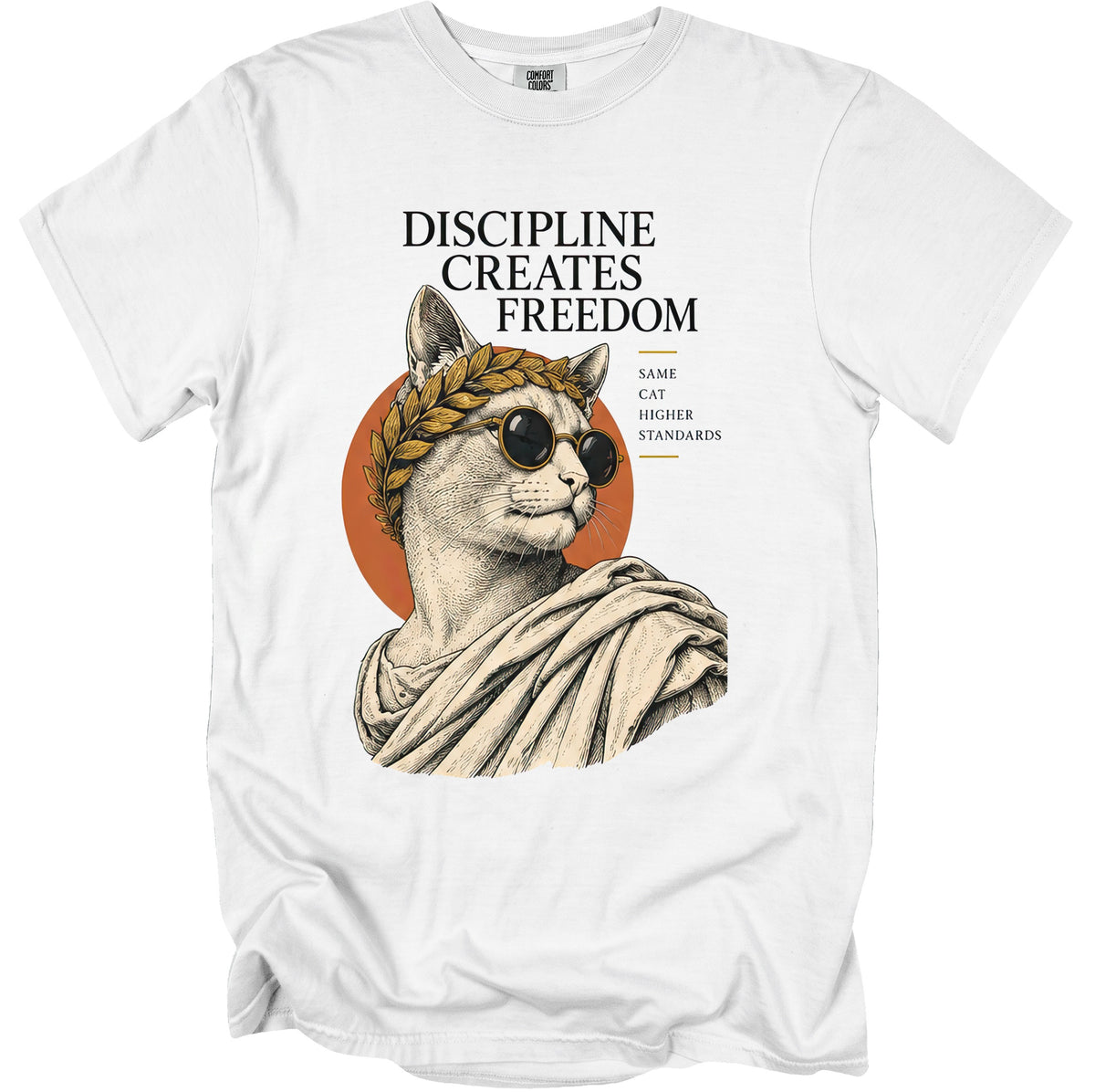 White t-shirt with illustration of cat wearing laurel wreath, sunglasses, and toga, with text.