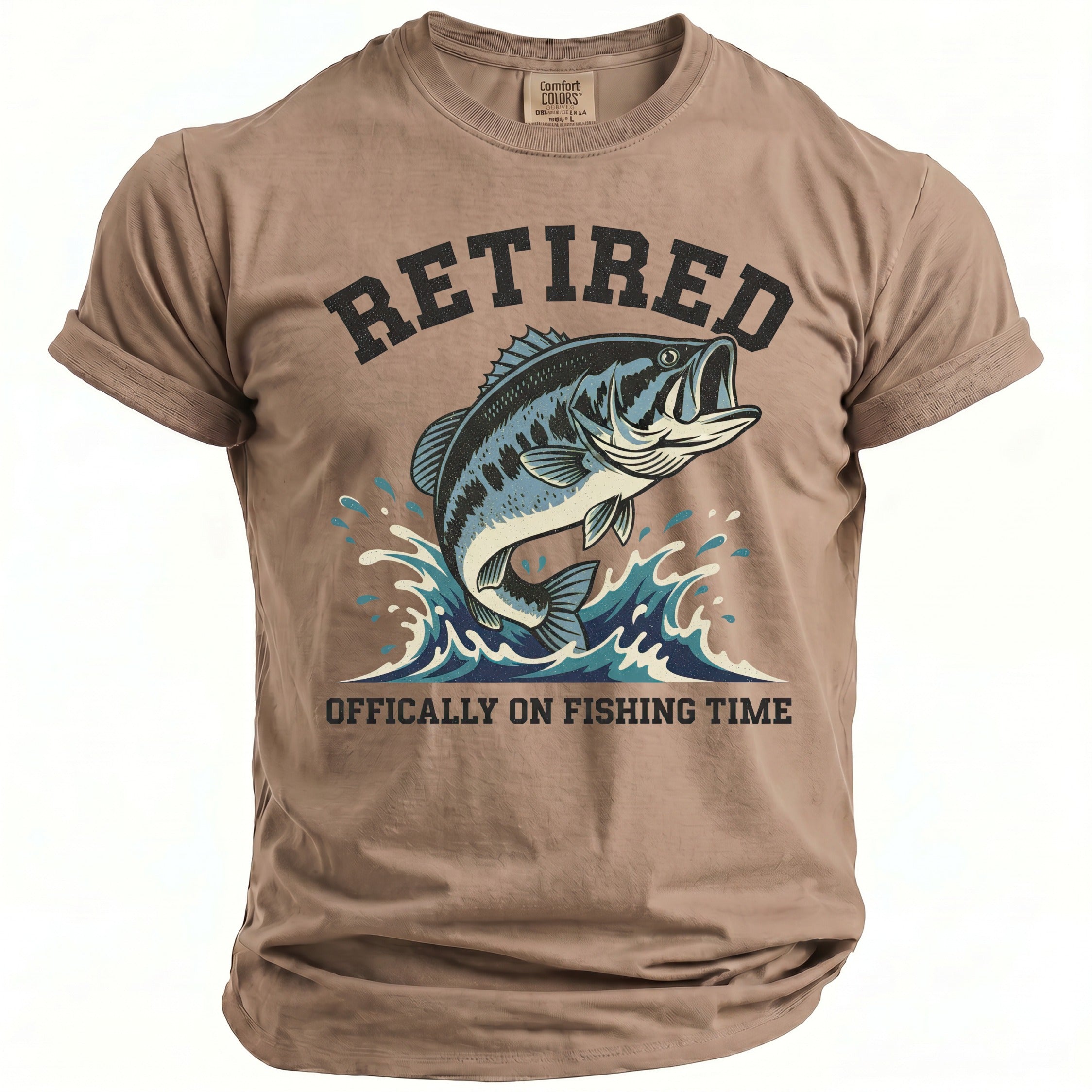 T-shirt with "RETIRED" text and a leaping bass fish graphic.