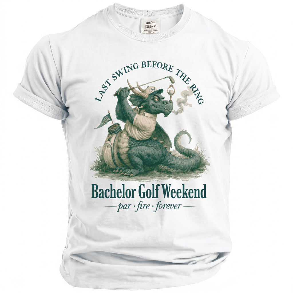 Dragon golfing with text "Last Swing Before the Ring" and "Bachelor Golf Weekend".