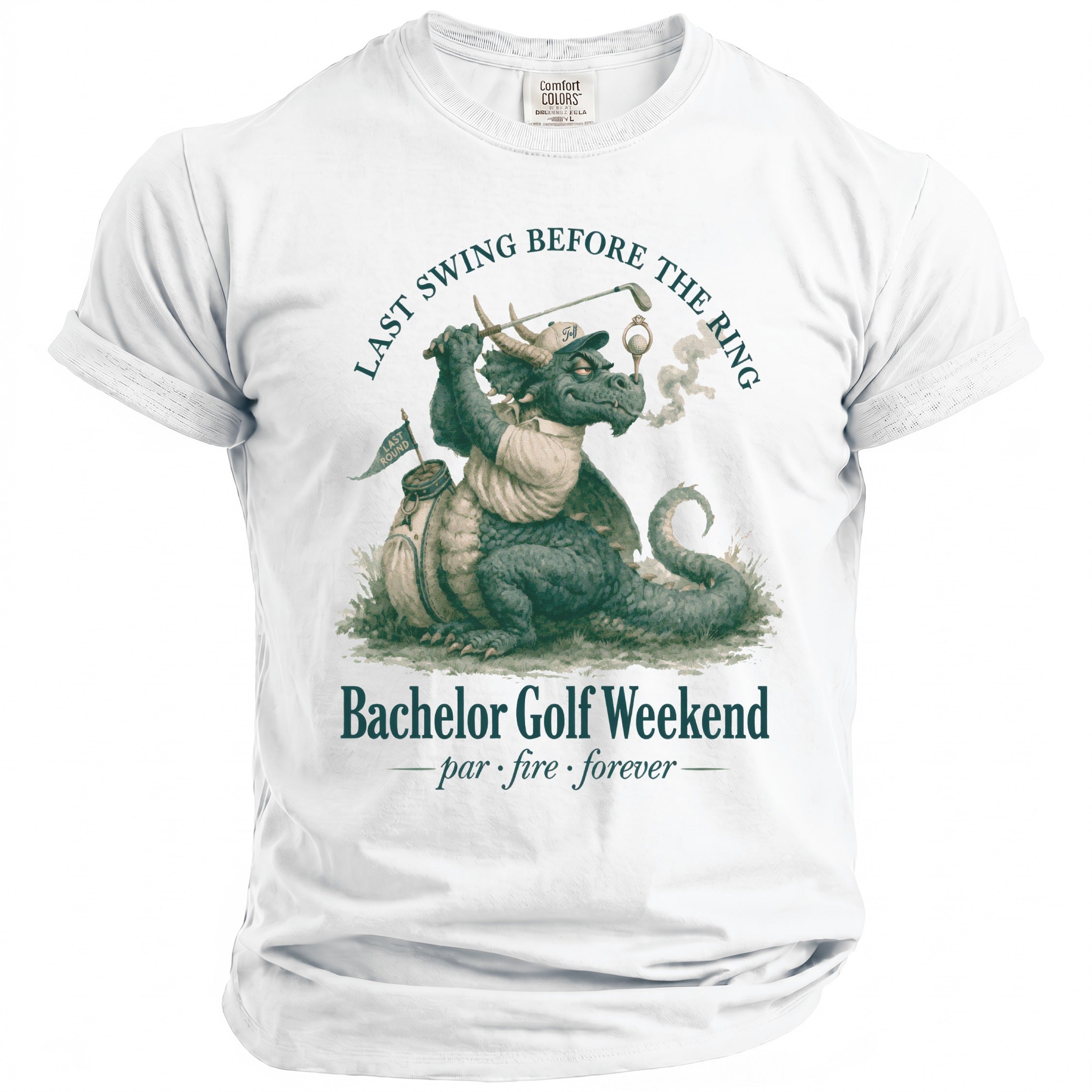 Dragon golfing with text "Last Swing Before the Ring" and "Bachelor Golf Weekend".
