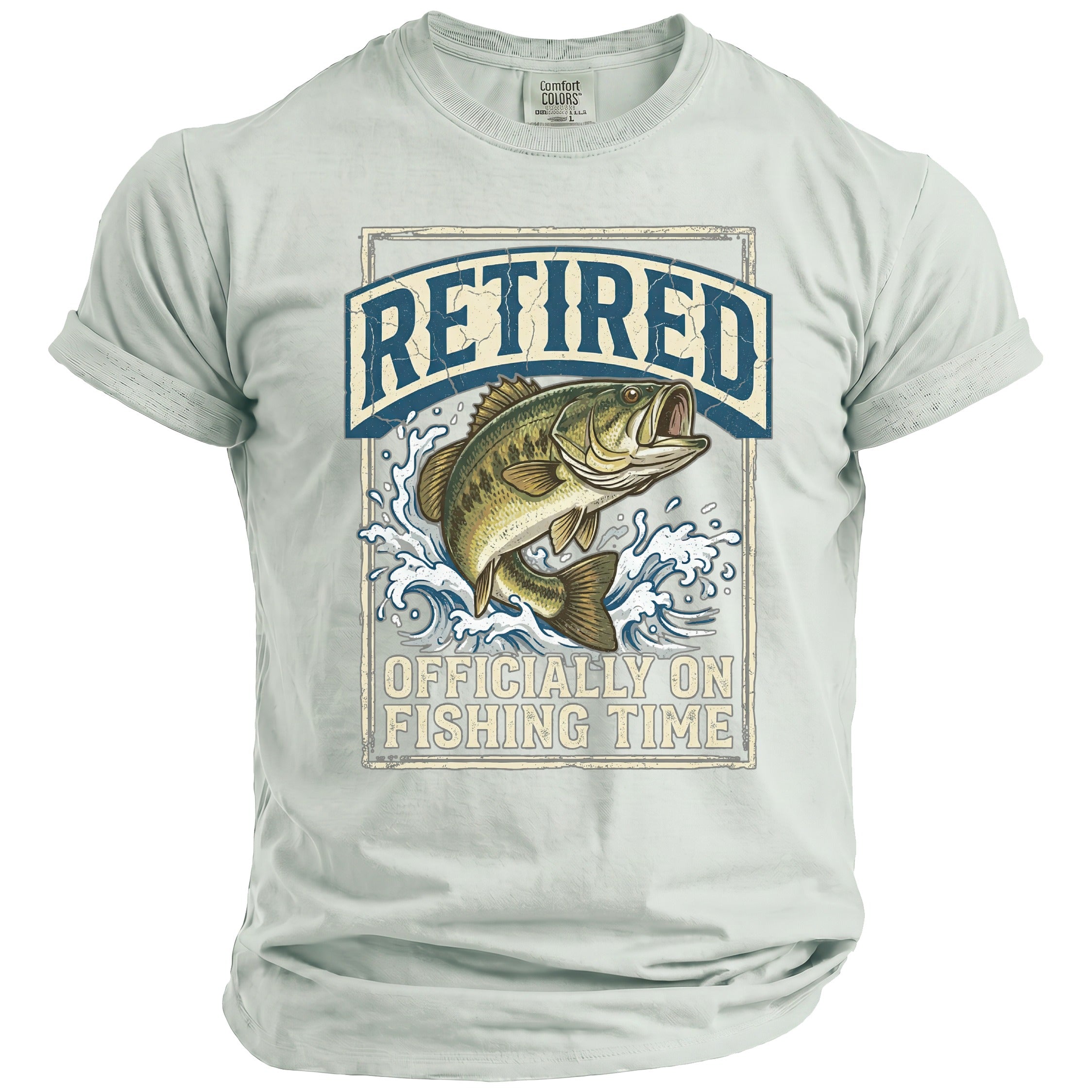 Bass fish jumping in water splash with text "RETIRED OFFICIALLY ON FISHING TIME".