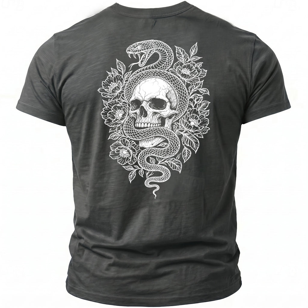 Dark grey t-shirt with a white graphic of a skull wrapped by a snake and flowers.
