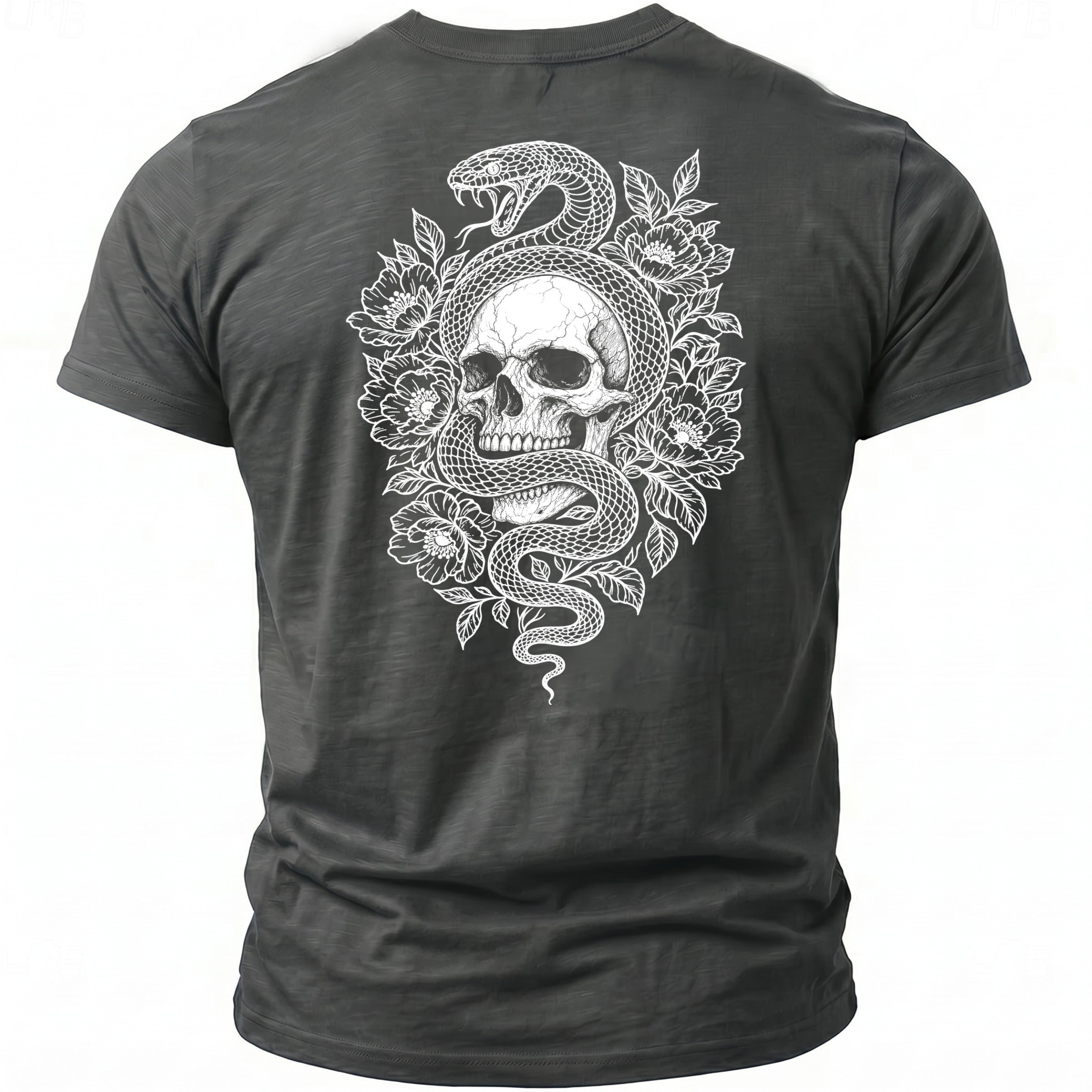 Dark grey t-shirt with a white graphic of a skull wrapped by a snake and flowers.
