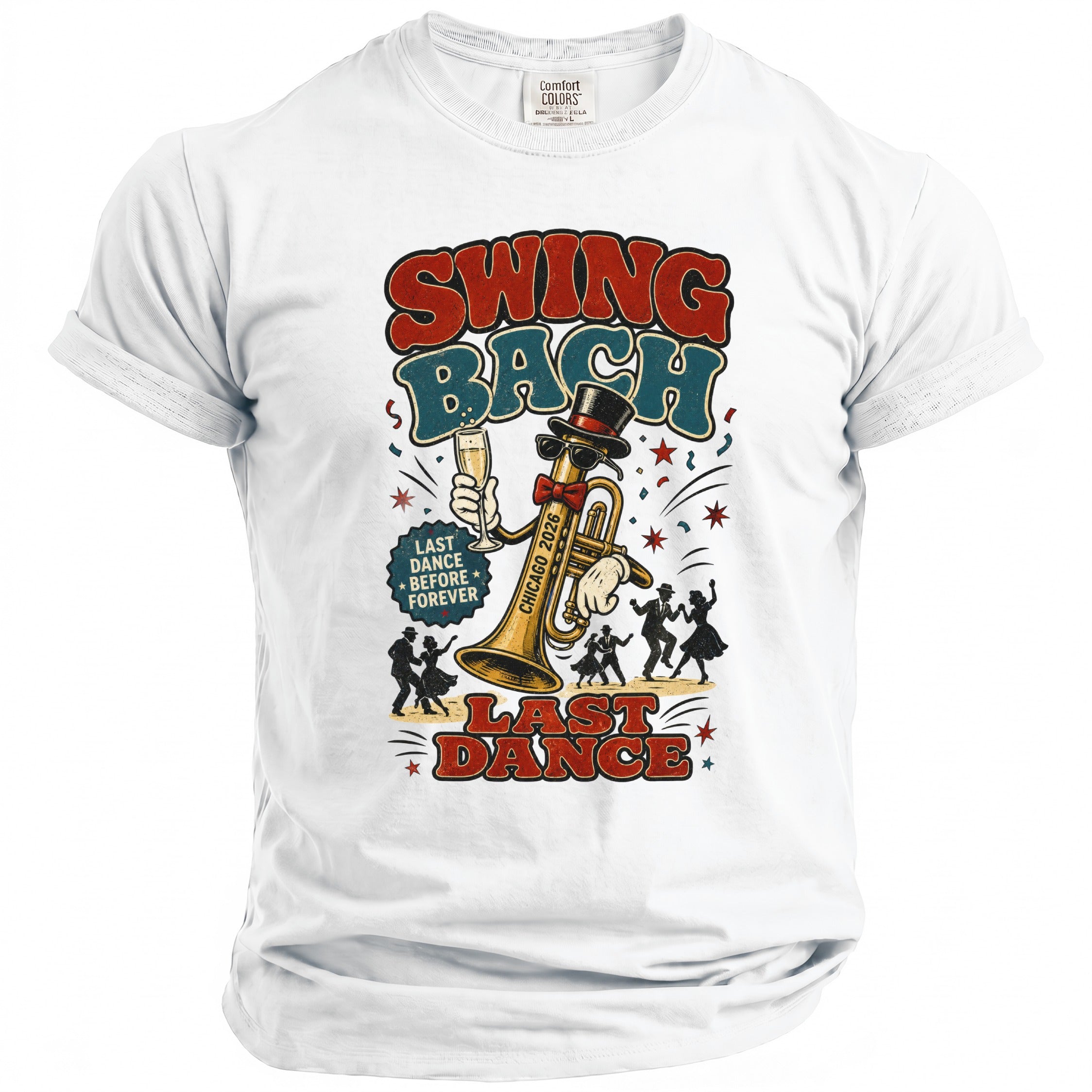 White t-shirt with "Swing Bach" graphic, trumpet, dancers, and "Last Dance Before Forever".