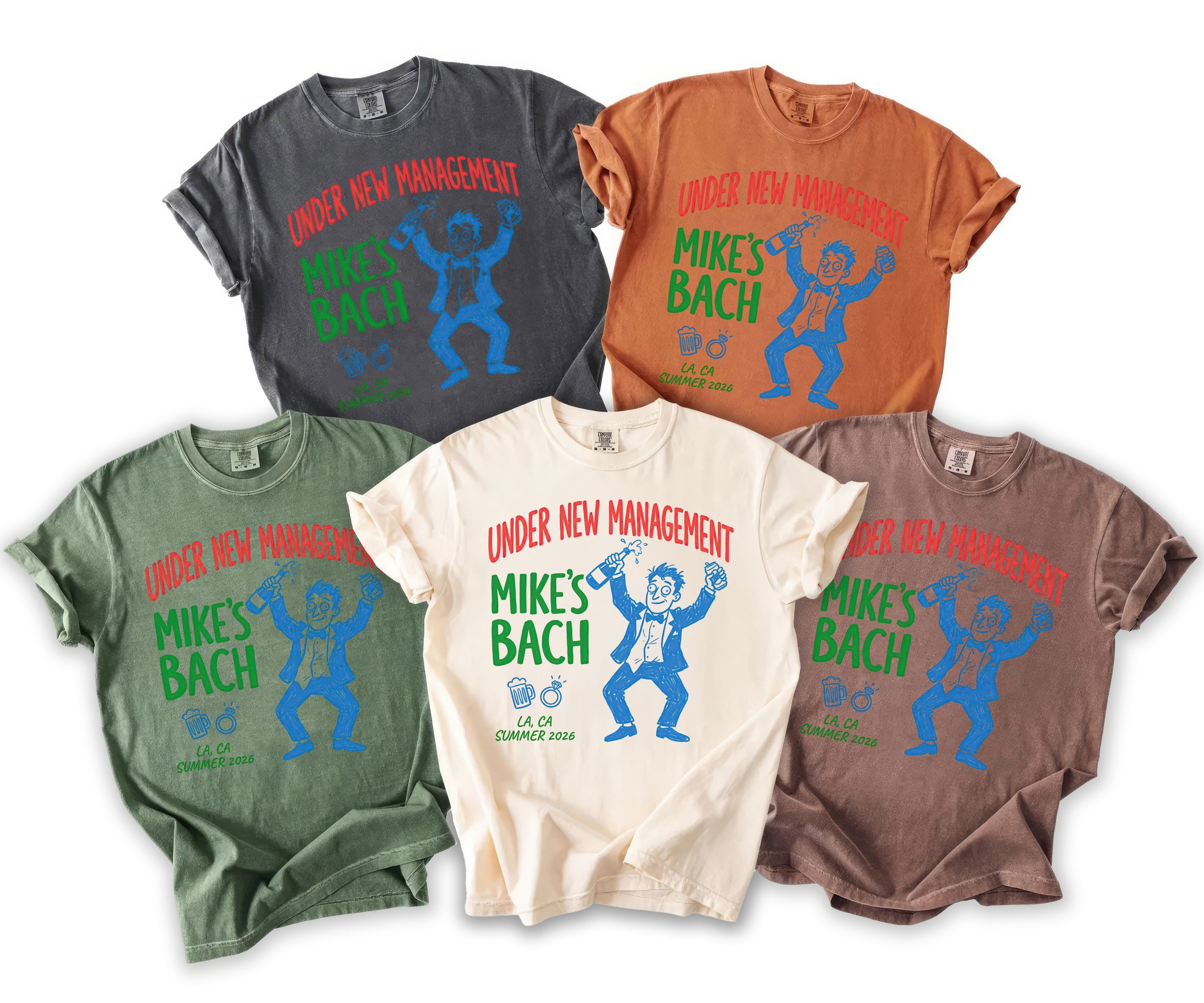 Five t-shirts in different colors feature "Under New Management Mike's Bach" text and graphics.