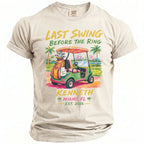 T-shirt graphic features golf cart, golf bag, and text "Last Swing Before the Ring Kenneth Miami FL Est. 2026".