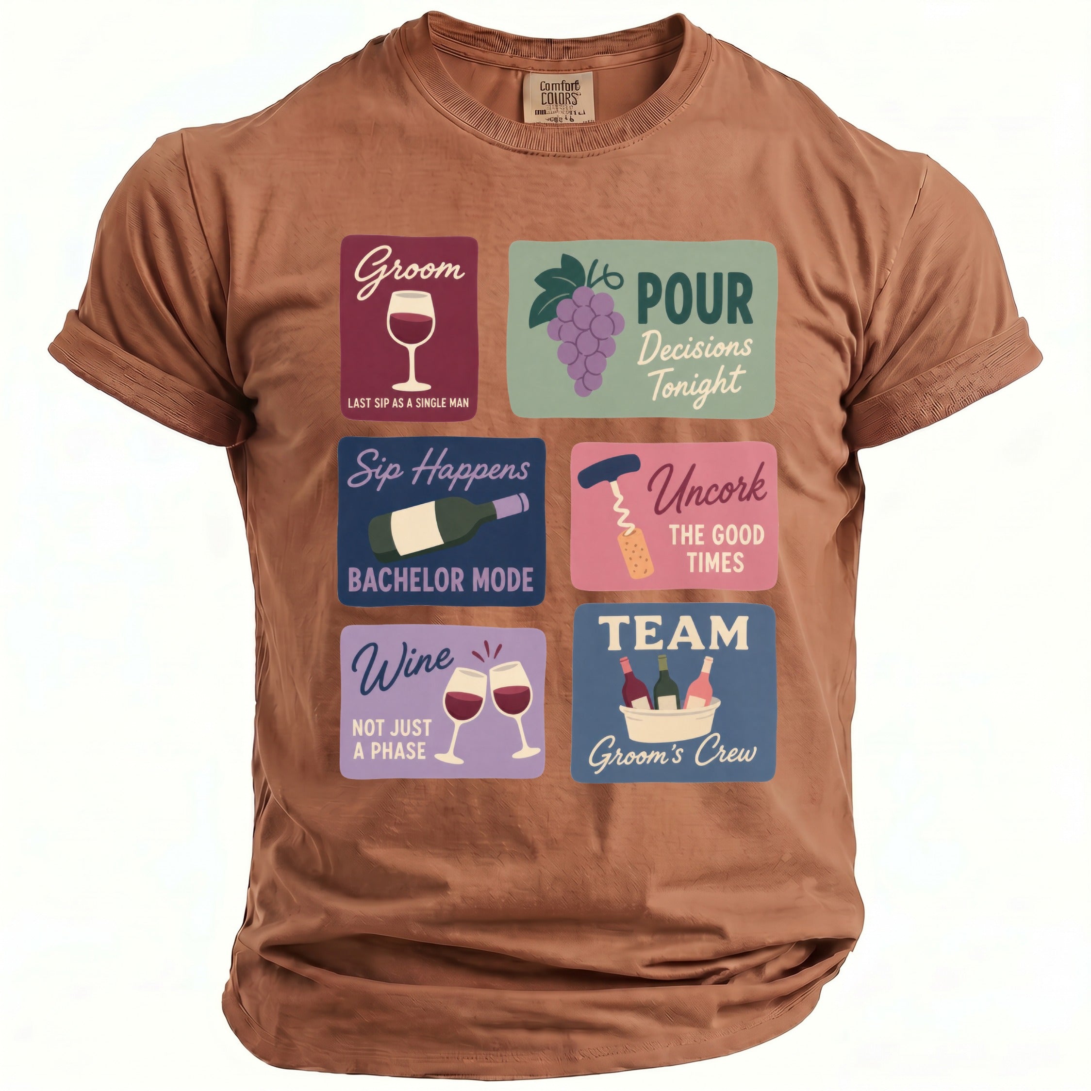 Brown t-shirt with six graphic squares containing text and icons about weddings and wine.