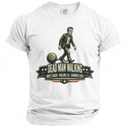 White t-shirt with graphic of man in suit pulling ball and chain, "Dead Man Walking".