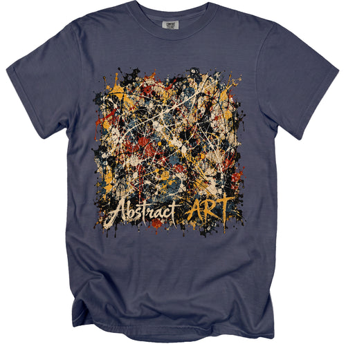 Blue t-shirt with abstract paint splatter graphic and "Abstract ART" text.