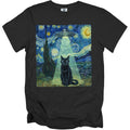Black t-shirt with a black cat wearing glasses and a UFO beaming light down on it.