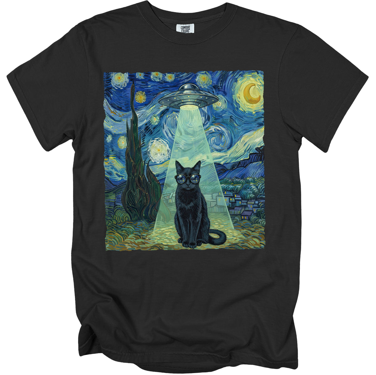 Black t-shirt with a black cat wearing glasses and a UFO beaming light down on it.