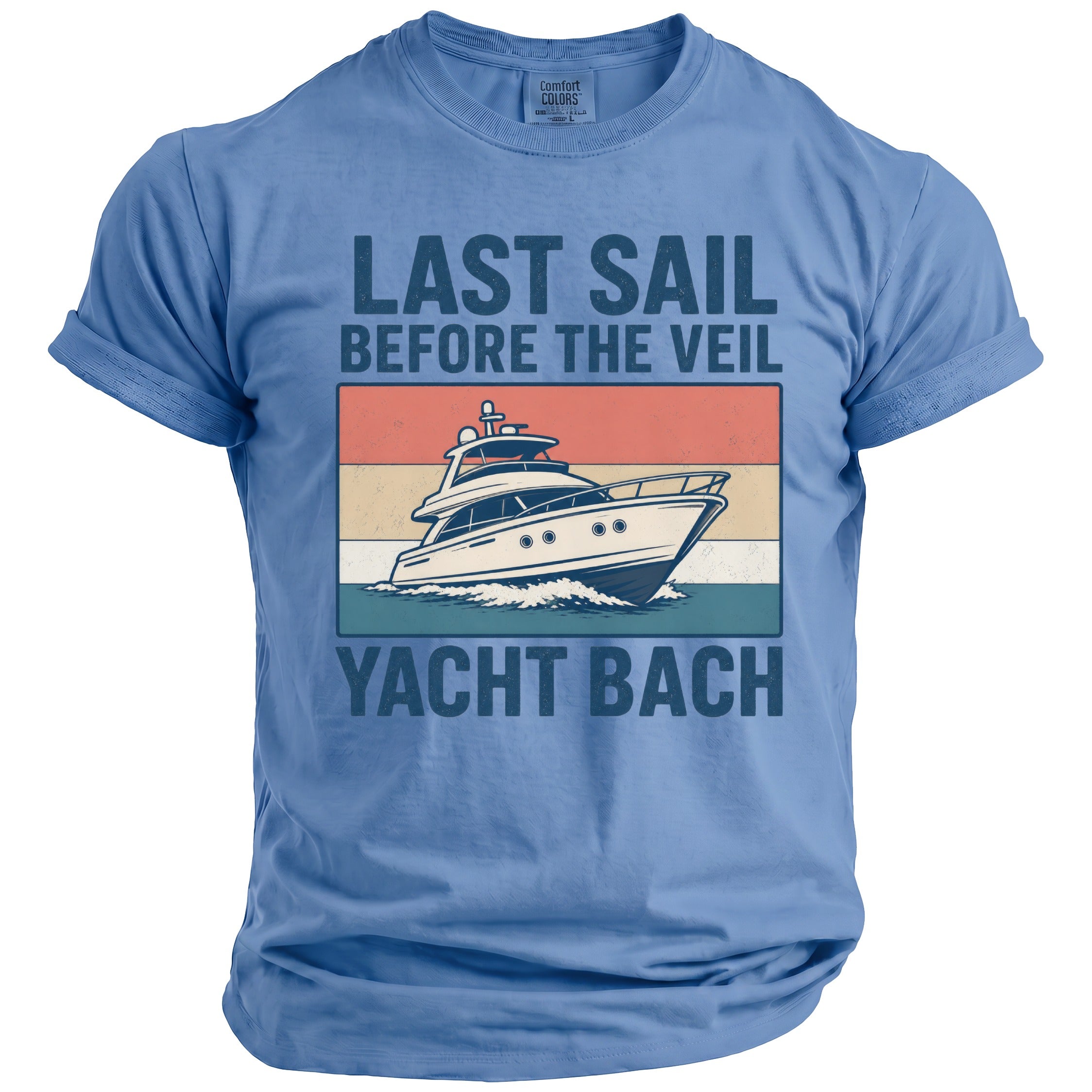 Blue t-shirt with "Last Sail Before The Veil Yacht Bach" text and yacht graphic.