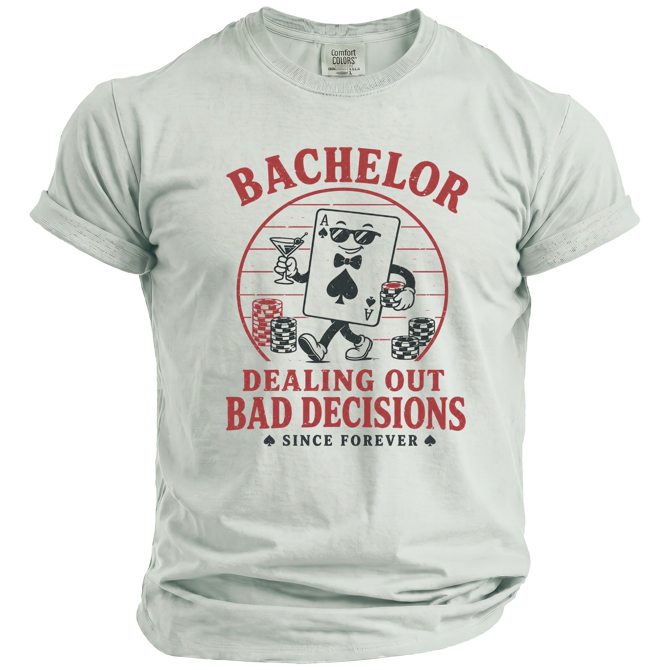 Light grey t-shirt with a graphic of a playing card dealing out bad decisions.
