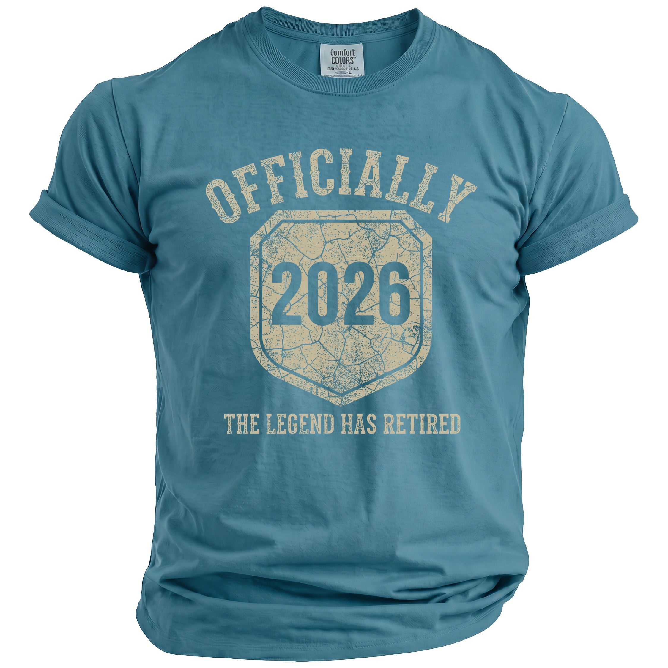 Teal t-shirt with "OFFICIALLY 2026 THE LEGEND HAS RETIRED" graphic.