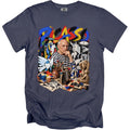 Pablo Picasso portrait with cubist art and art supplies on a blue t-shirt.