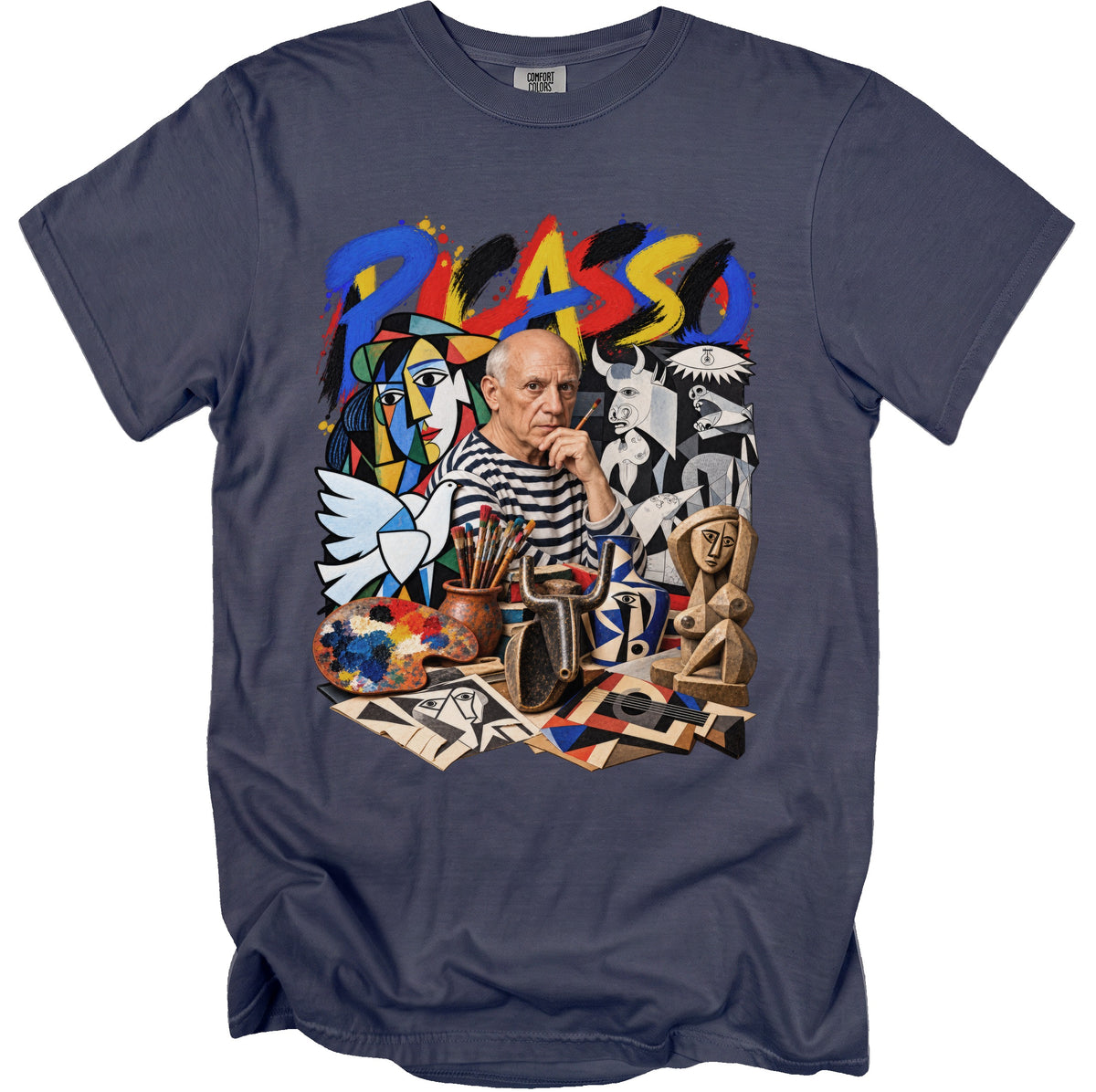 Pablo Picasso portrait with cubist art and art supplies on a blue t-shirt.