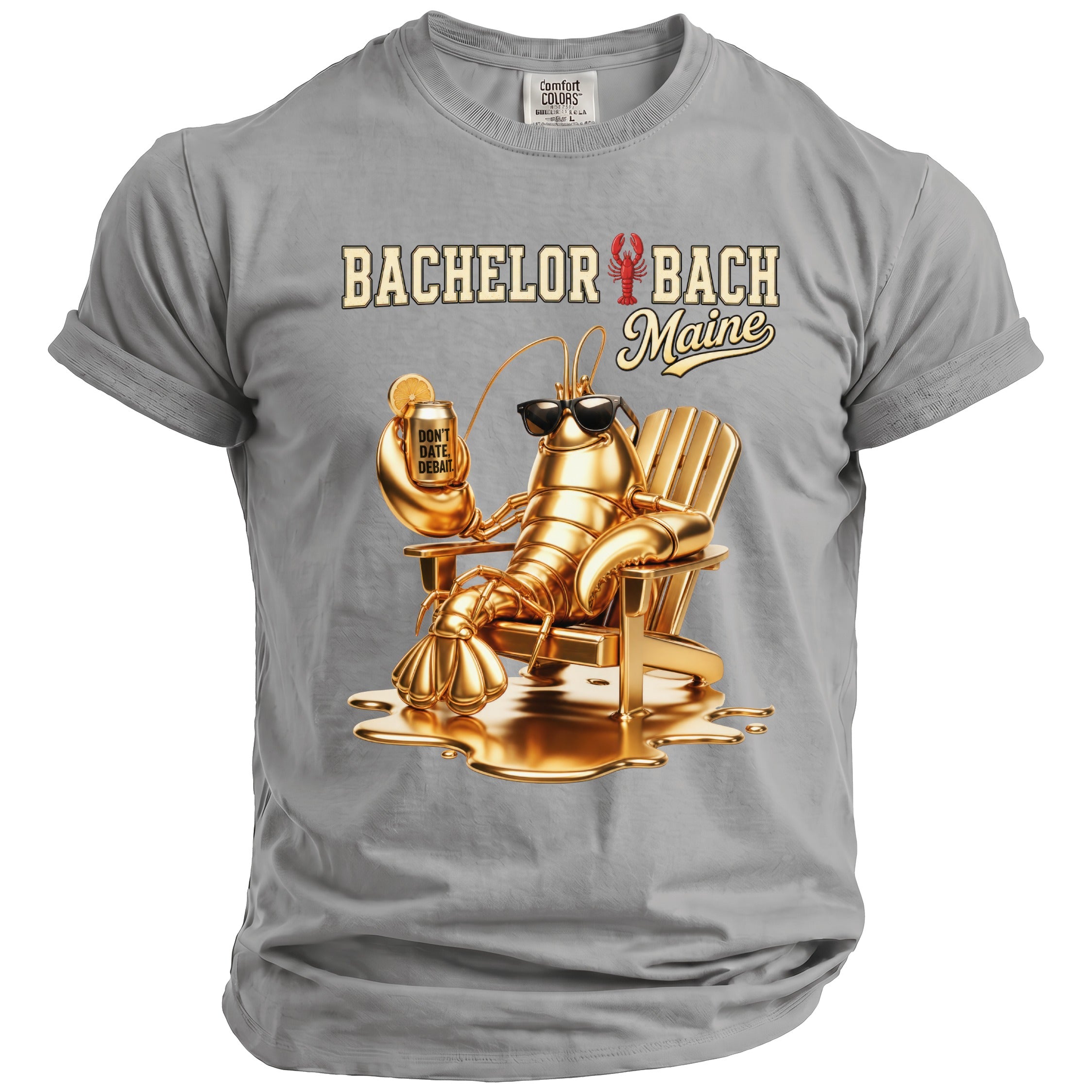 Gray t-shirt with "Bachelor Bach Maine" and a golden lobster holding a drink.