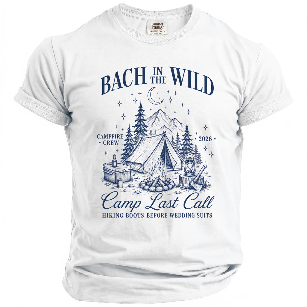 White t-shirt with "Bach in the Wild" campfire crew design.