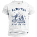 White t-shirt with "Bach in the Wild" campfire crew design.