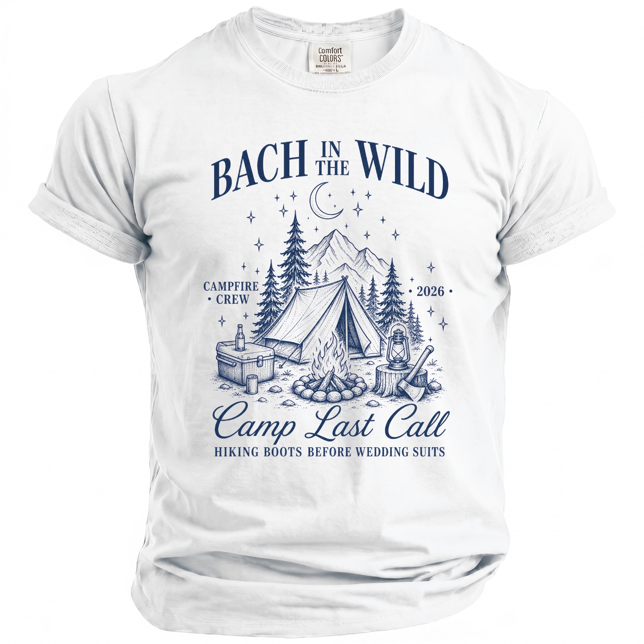 White t-shirt with "Bach in the Wild" campfire crew design.