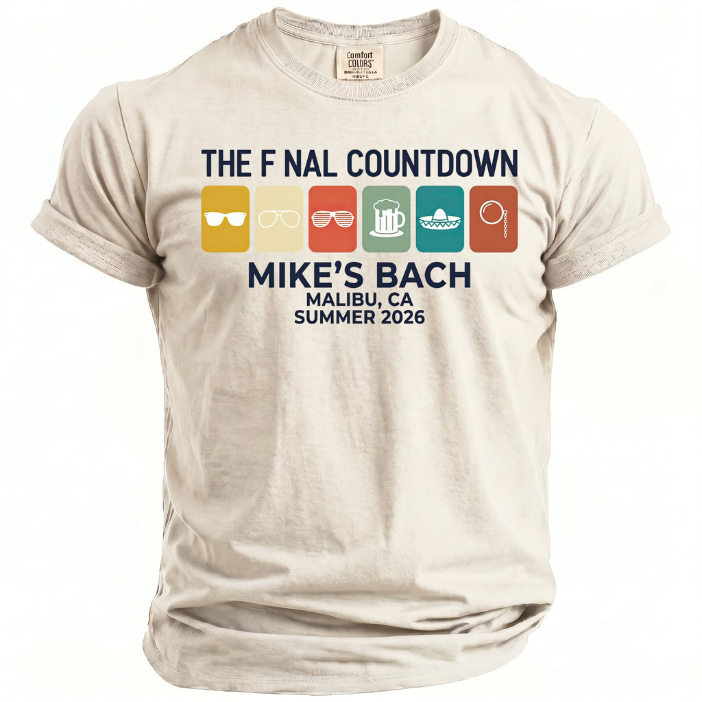 T-shirt with "The F nal Countdown," icons, and "Mike's Bach Malibu, CA Summer 2026."