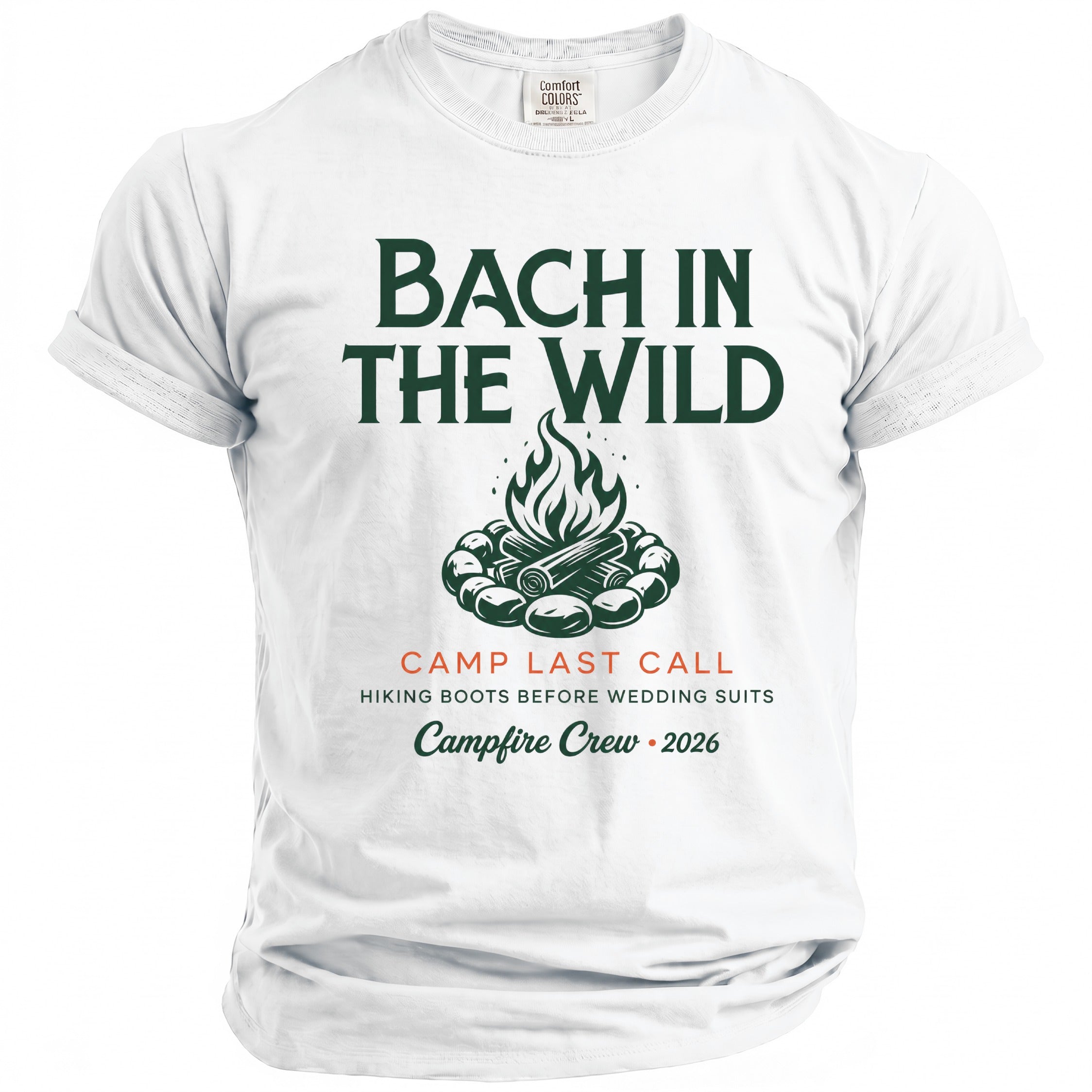White t-shirt with "Bach in the Wild" text and campfire graphic.