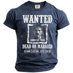 Navy t-shirt with "WANTED DEAD OR MARRIED" graphic and groom's photo.