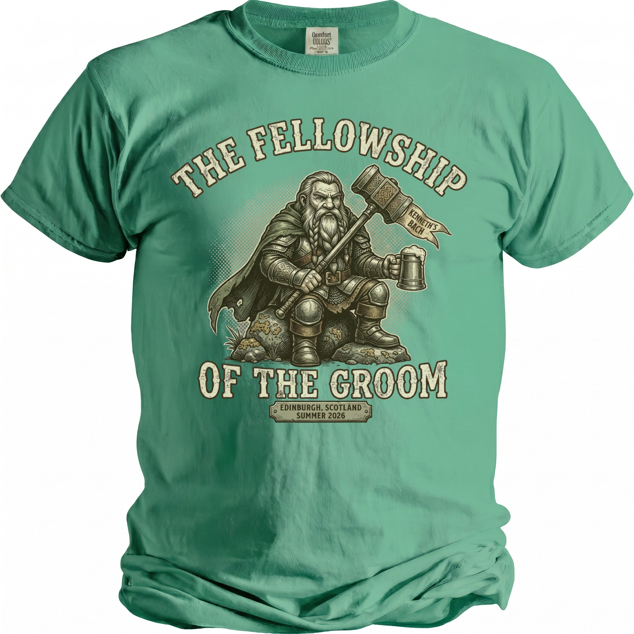 Green t-shirt with "The Fellowship of the Groom" and dwarf graphic.