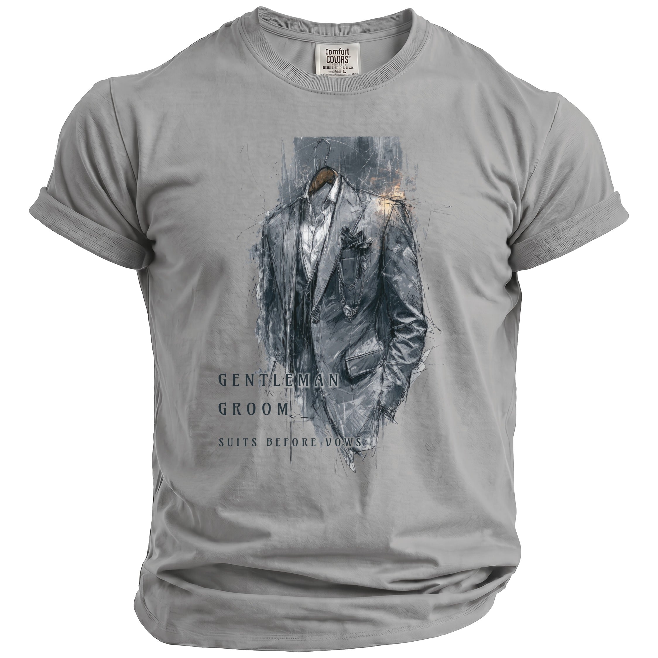 Grey t-shirt with graphic art of a suit, text "GENTLEMAN GROOM SUITS BEFORE VOWS".