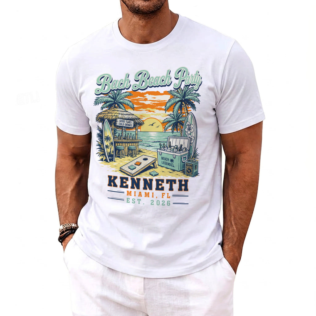 Beach scene graphic with text "Bach Beach Party," "Kenneth," "Miami, FL," and "Est. 2026."
