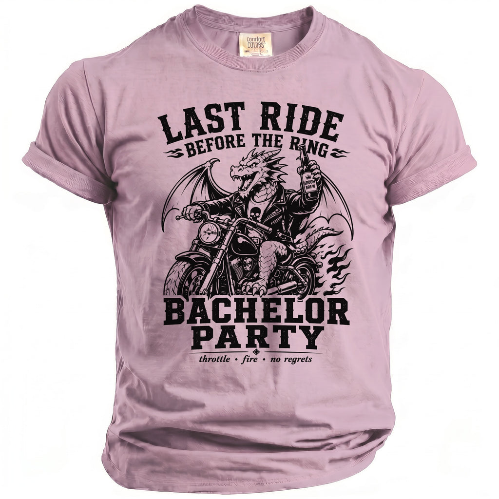 T-shirt with dragon on motorcycle, text "Last Ride Before the Ring" and "Bachelor Party".