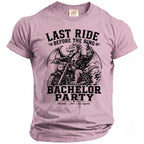 T-shirt with dragon on motorcycle, text "Last Ride Before the Ring" and "Bachelor Party".
