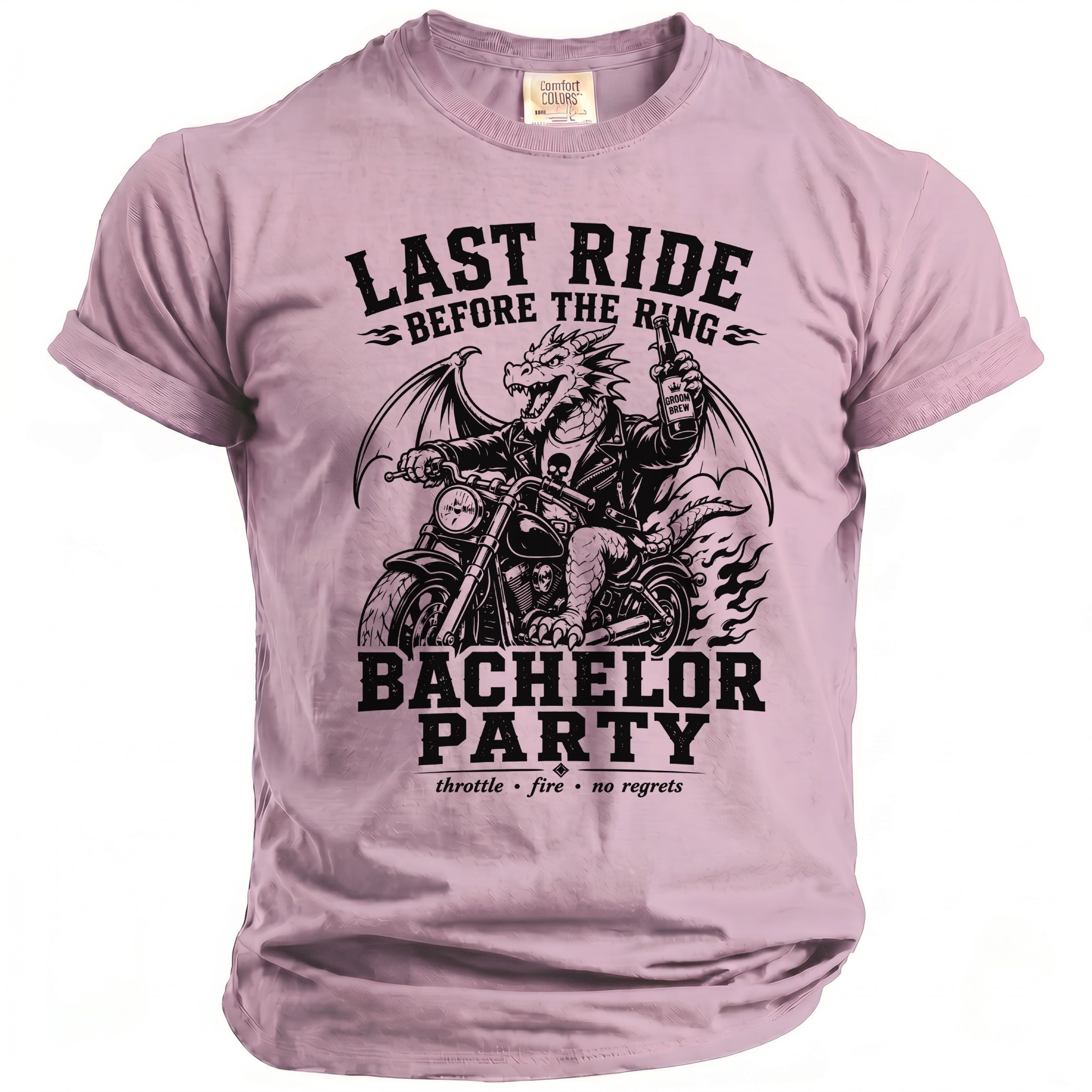 T-shirt with dragon on motorcycle, text "Last Ride Before the Ring" and "Bachelor Party".