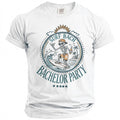 White t-shirt with skeleton surfer graphic and text "SURF BACH BACHELOR PARTY"