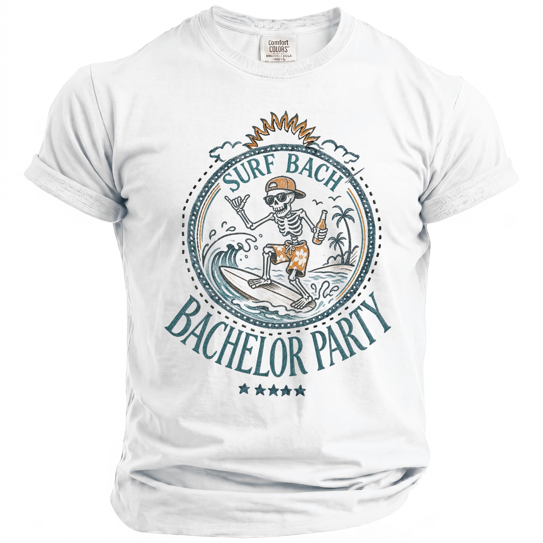 White t-shirt with skeleton surfer graphic and text "SURF BACH BACHELOR PARTY"