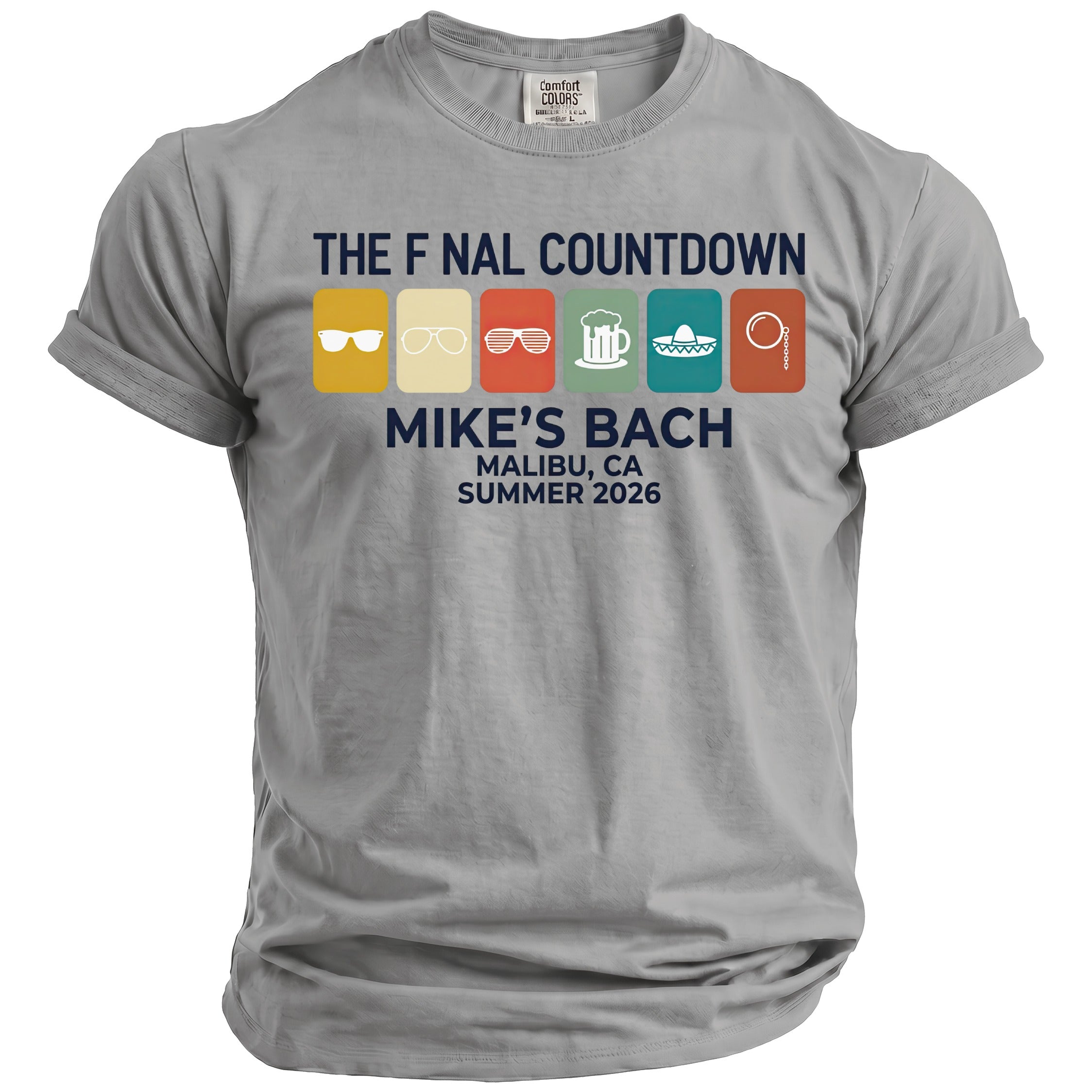 Gray t-shirt with "The Fnal Countdown" and "Mike's Bach" text.