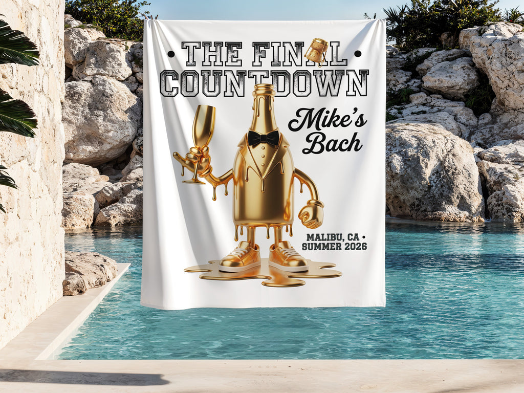 Gold champagne bottle with "The Final Countdown" and "Mike's Bach" text.