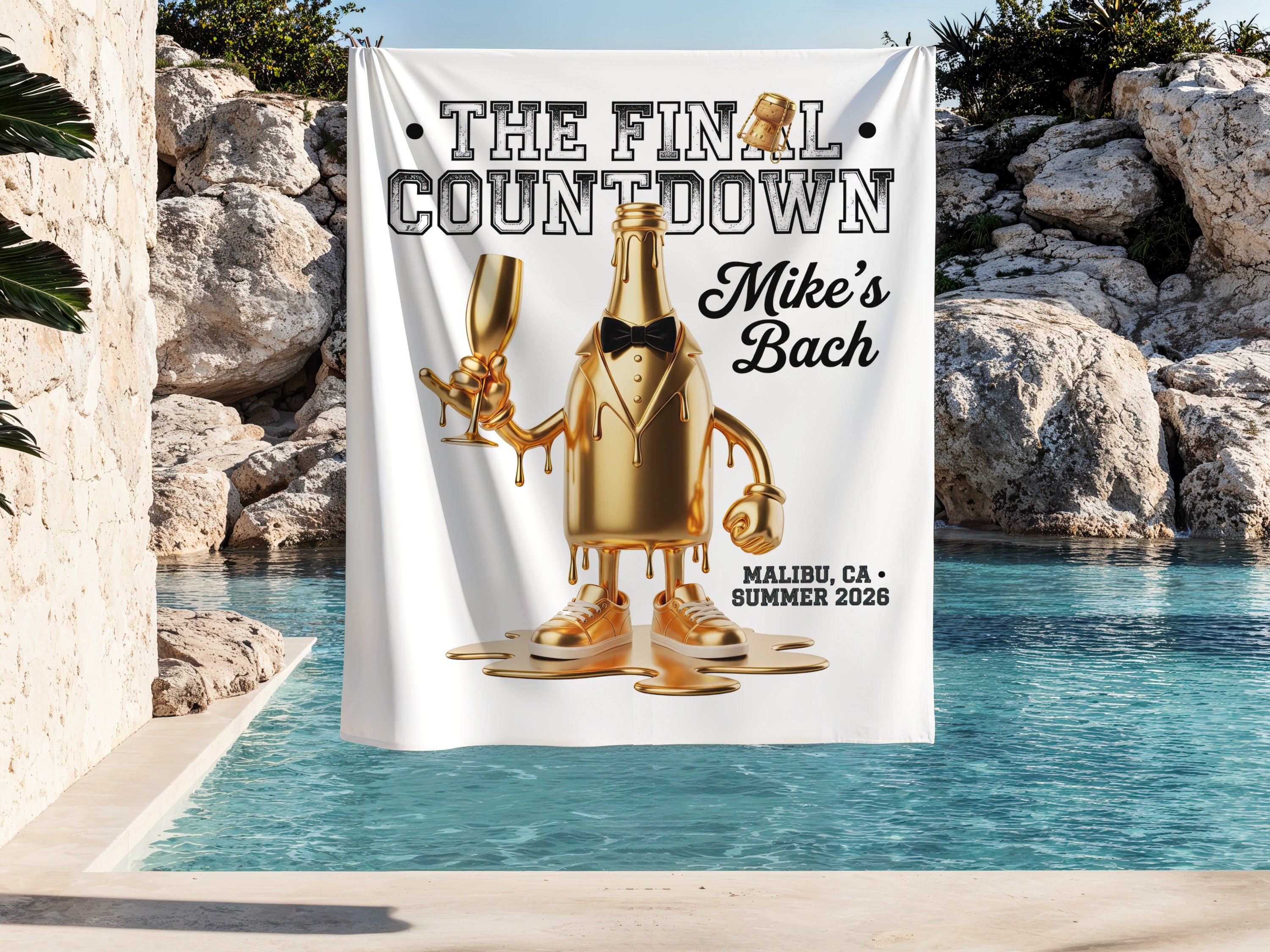 Gold champagne bottle with "The Final Countdown" and "Mike's Bach" text.