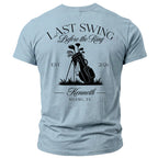 Light blue t-shirt with "Last Swing Before the Ring" and golf imagery.