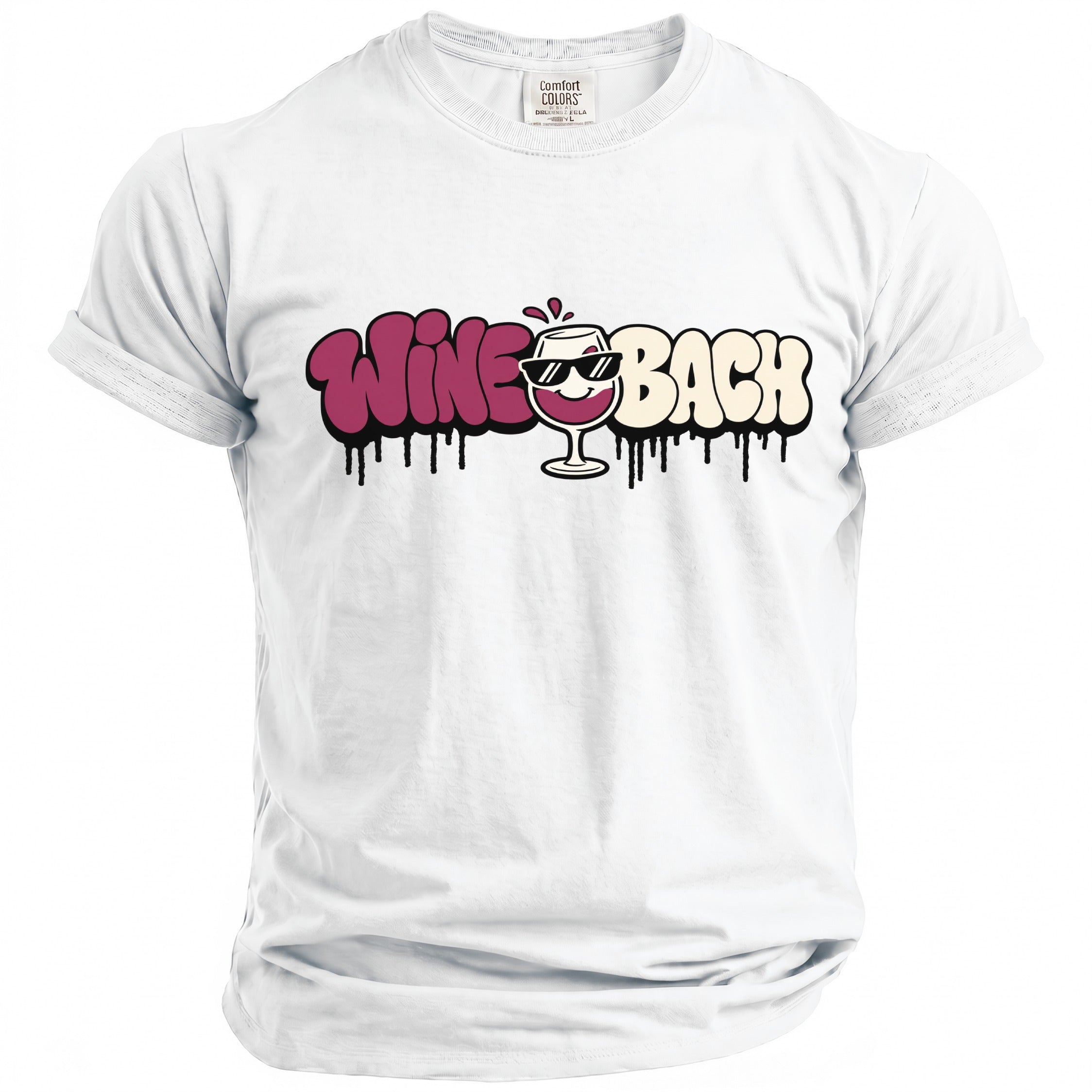 White t-shirt with "Wine" and "Bach" text and a smiling wine glass.