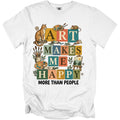 "Art makes me happy more than people" text with cat, mouse, paint supplies and easel.