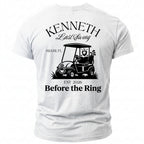 White T-shirt with "Kenneth Last Swing" and golf cart graphic, EST 2026, Before the Ring.