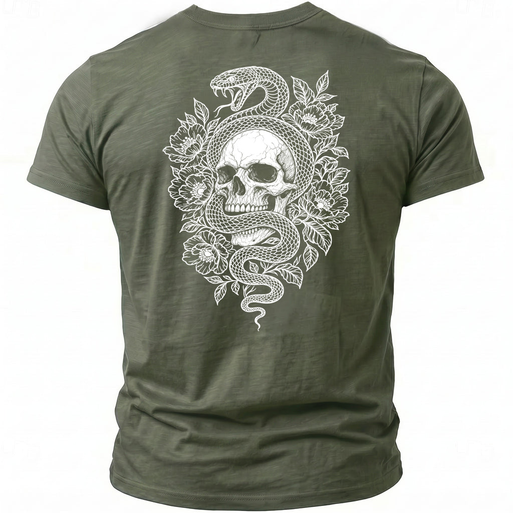 Green t-shirt back with white snake and skull floral graphic.