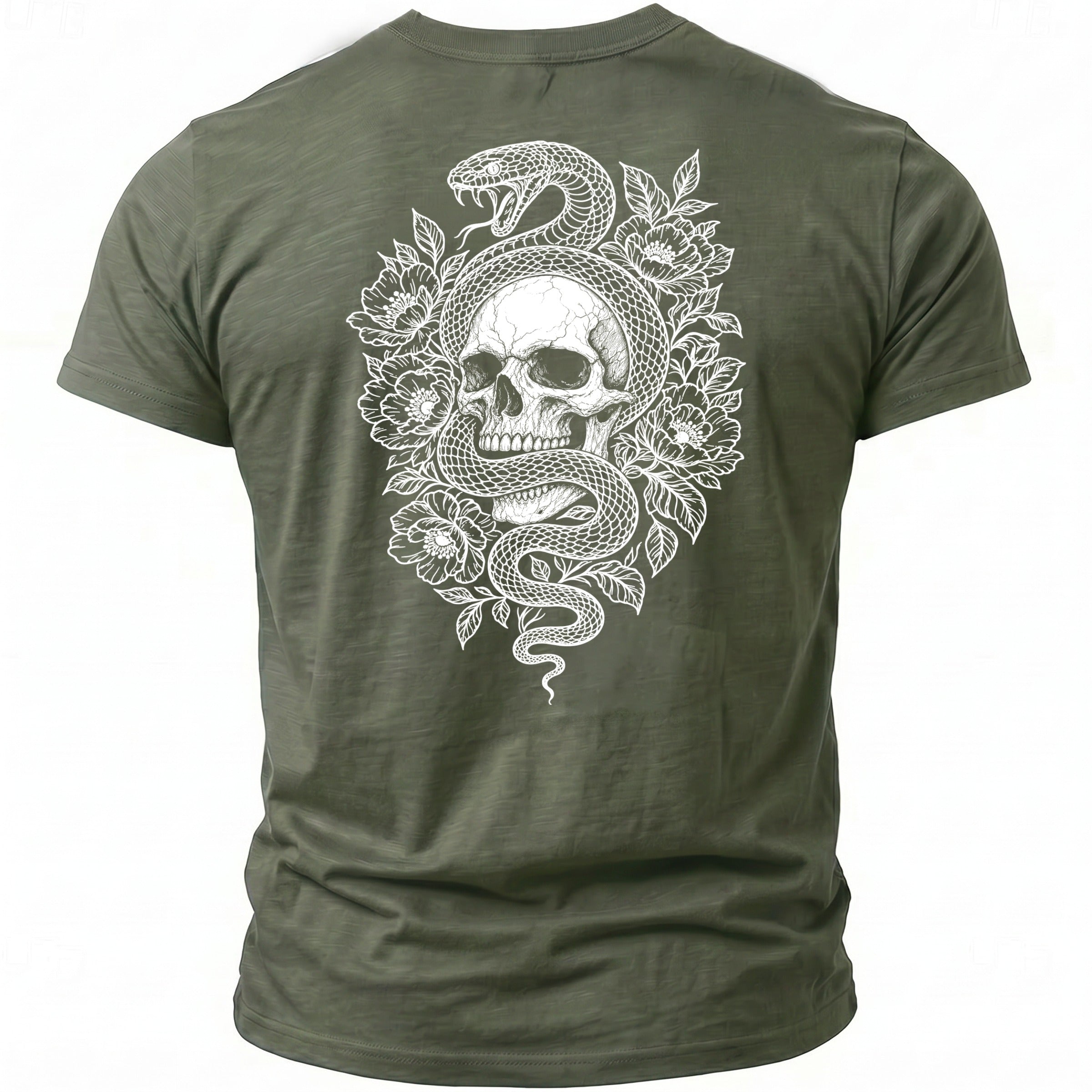 Green t-shirt back with white snake and skull floral graphic.