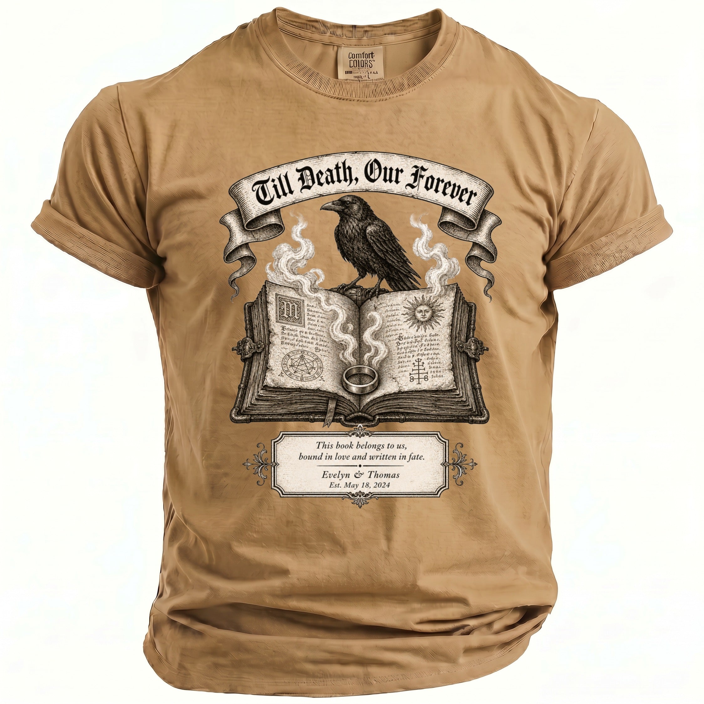 Brown t-shirt with a raven on a book, featuring text "Till Death, Our Forever" and "Evelyn & Thomas".