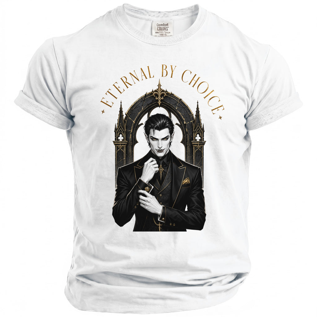 White t-shirt with a gothic vampire graphic and the text "ETERNAL BY CHOICE".