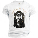 White t-shirt with a gothic vampire graphic and the text "ETERNAL BY CHOICE".