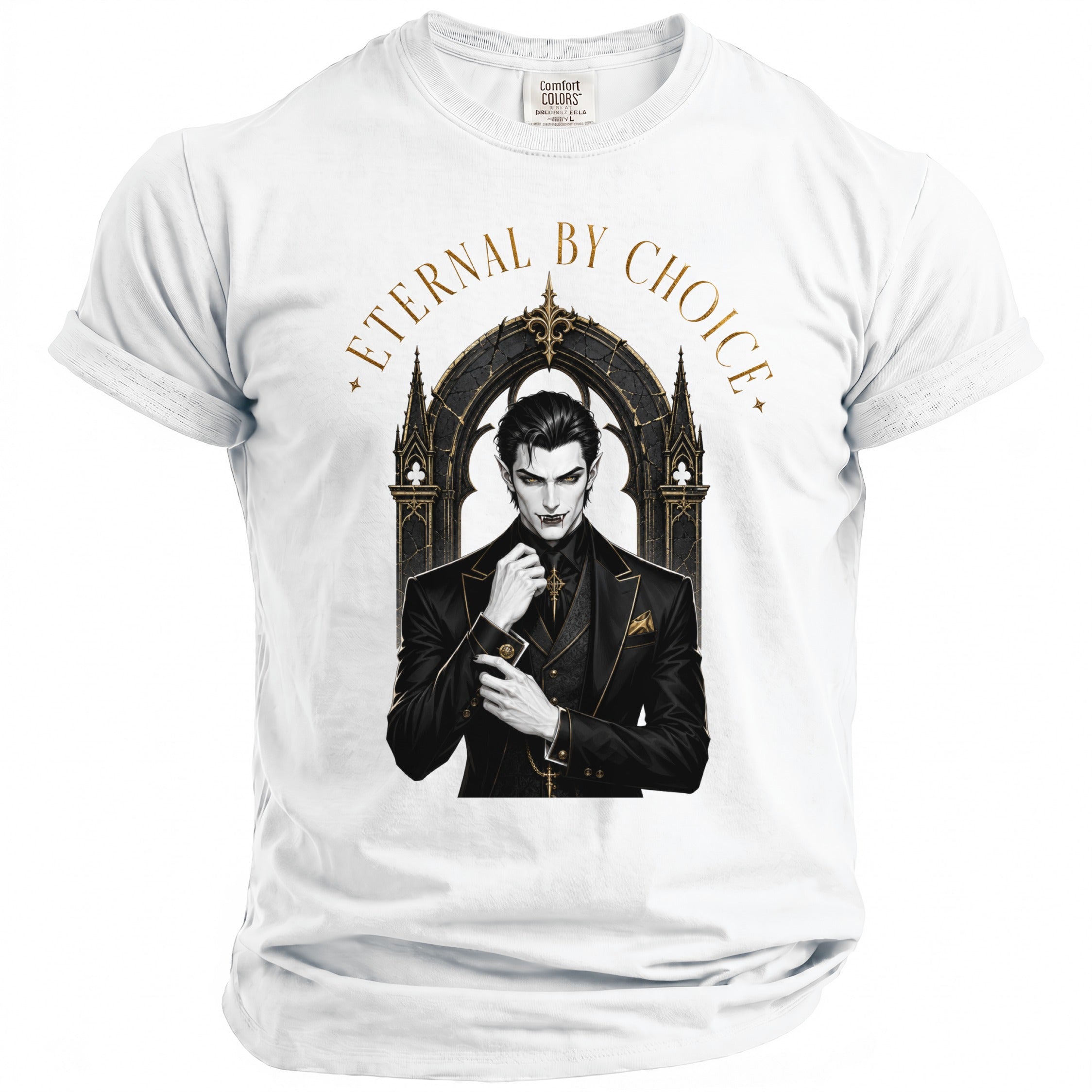 White t-shirt with a gothic vampire graphic and the text "ETERNAL BY CHOICE".