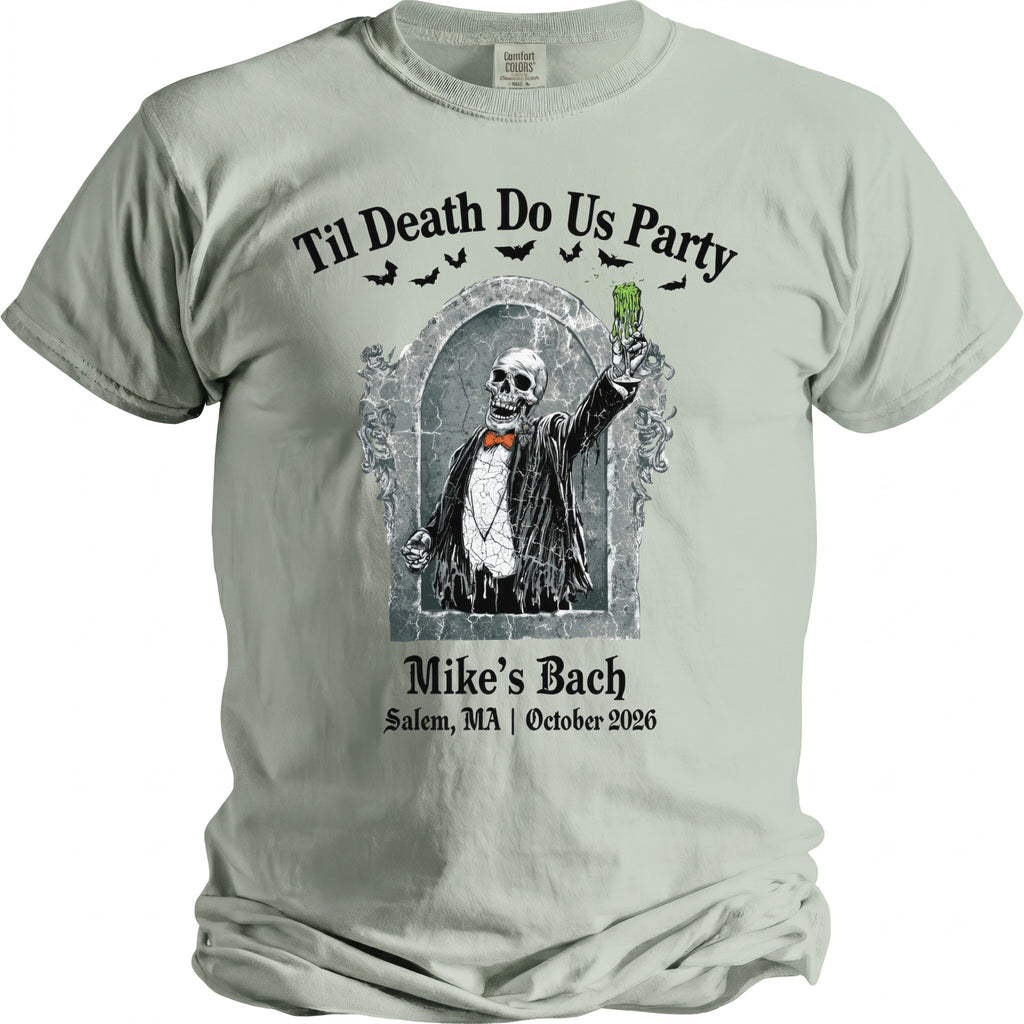 Skeleton in suit toasting with green drink, "Til Death Do Us Party" and "Mike's Bach".